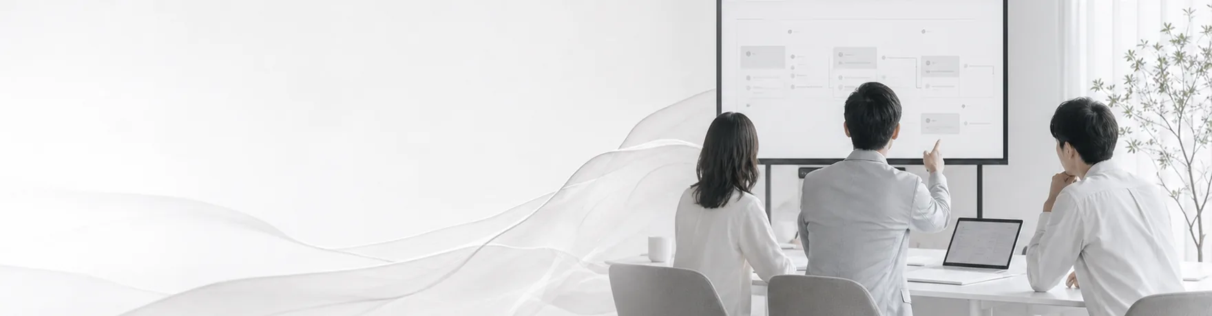 管理職の役割を表すイメージ。大型モニターに映したフロー図を前に、三人が席から検討している会議の場面