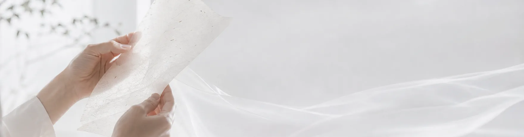 バイオプラスチックを表すイメージ。繊維の混ざった半透明のシートを、両手で持ち上げて光にかざしている場面