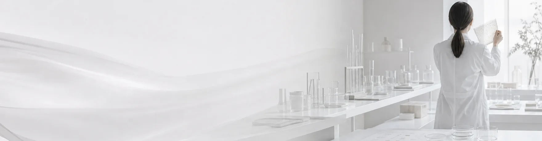 ゴーイングコンサーンを表すイメージ。ガラス器具の並ぶ白い実験室で、白衣の研究者がサンプルのシートを検分している後ろ姿
