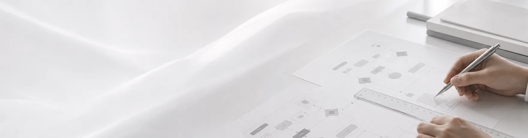 職場の熱中症対策を表すイメージ。フローチャートを印刷した用紙に、定規を当ててペンで書き込んでいる手元