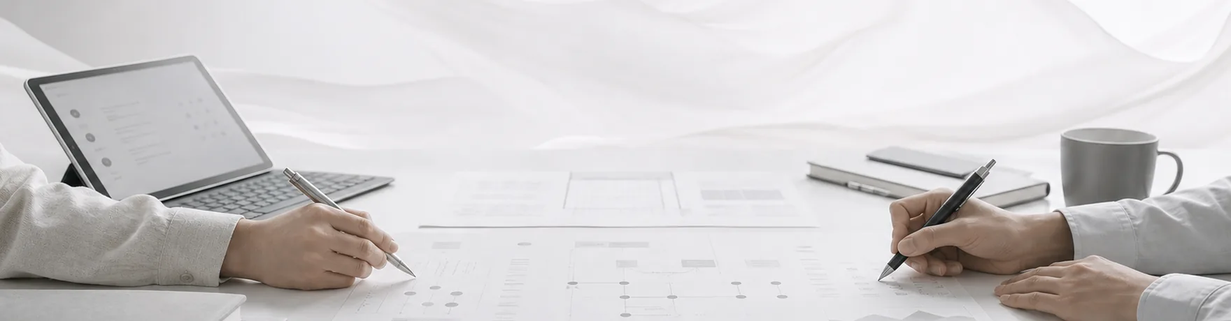 人事評価制度を表すイメージ。机を挟んで二人が向かい合い、タブレットと図表の資料に書き込みながら話している場面
