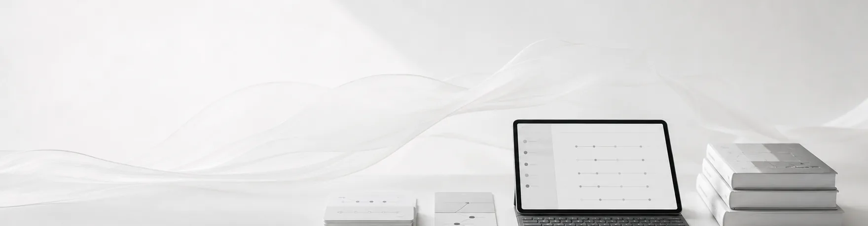 NotebookLMを表すイメージ。白い机に置かれたノートパソコンと、重ねたカード、積まれた書籍。背景に薄い波状の線