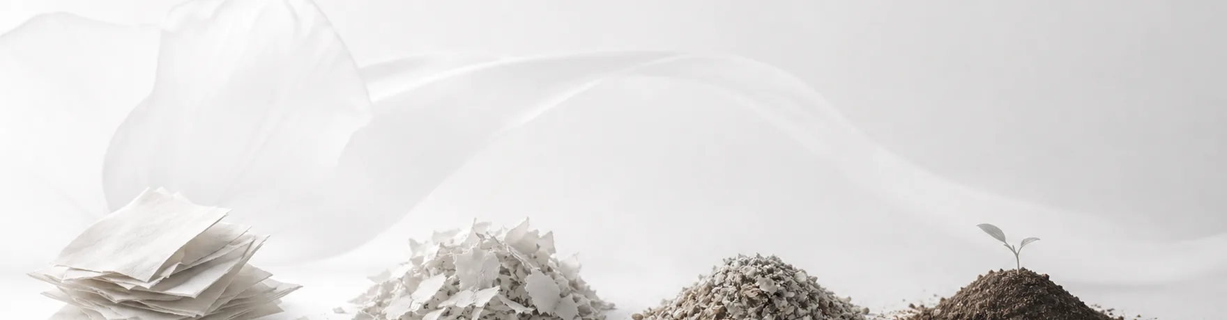 サステナブル調達を表すイメージ。重ねた紙片、白いフレーク、細かな粒、芽の出た土が順に並ぶ、分解の段階を表した造形