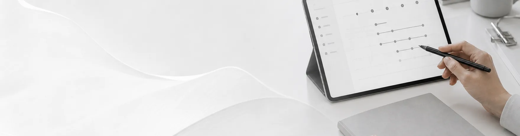AI研修の選び方を表すイメージ。白い机で、タブレットに表示した項目リストをスタイラスペンで指している手元