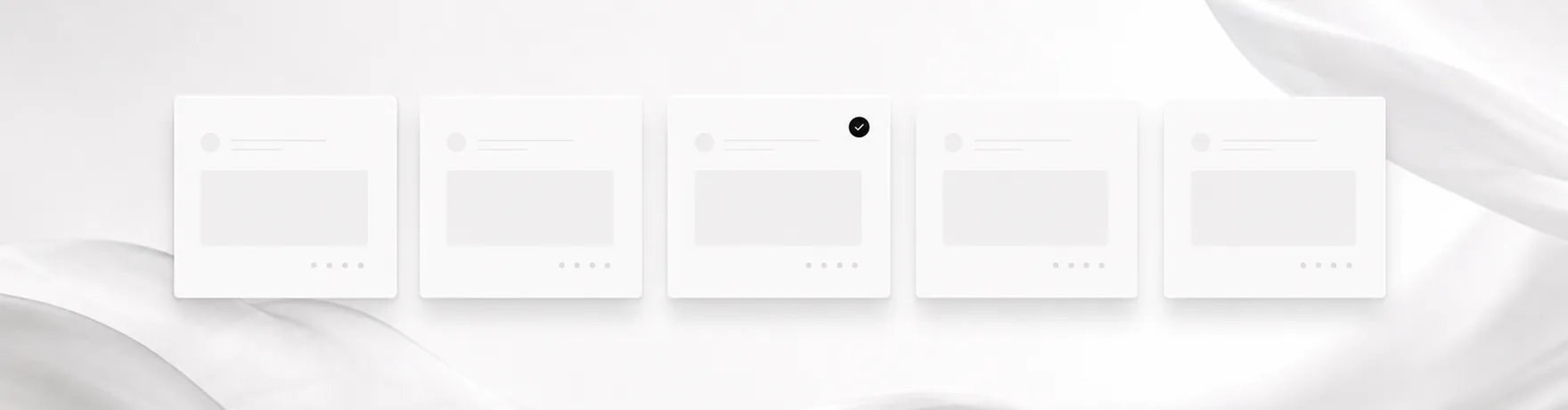 AI研修の選び方を表すイメージ。白い布地を背に、丸いアイコンと画像枠だけの白いカードが5枚横並びし、中央の1枚に黒いチェック印が付いている