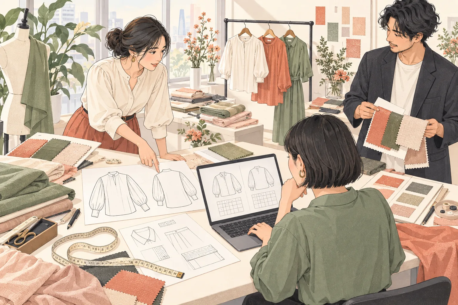 生地見本と仕様書を並べ、変更点を確認するアパレル担当者