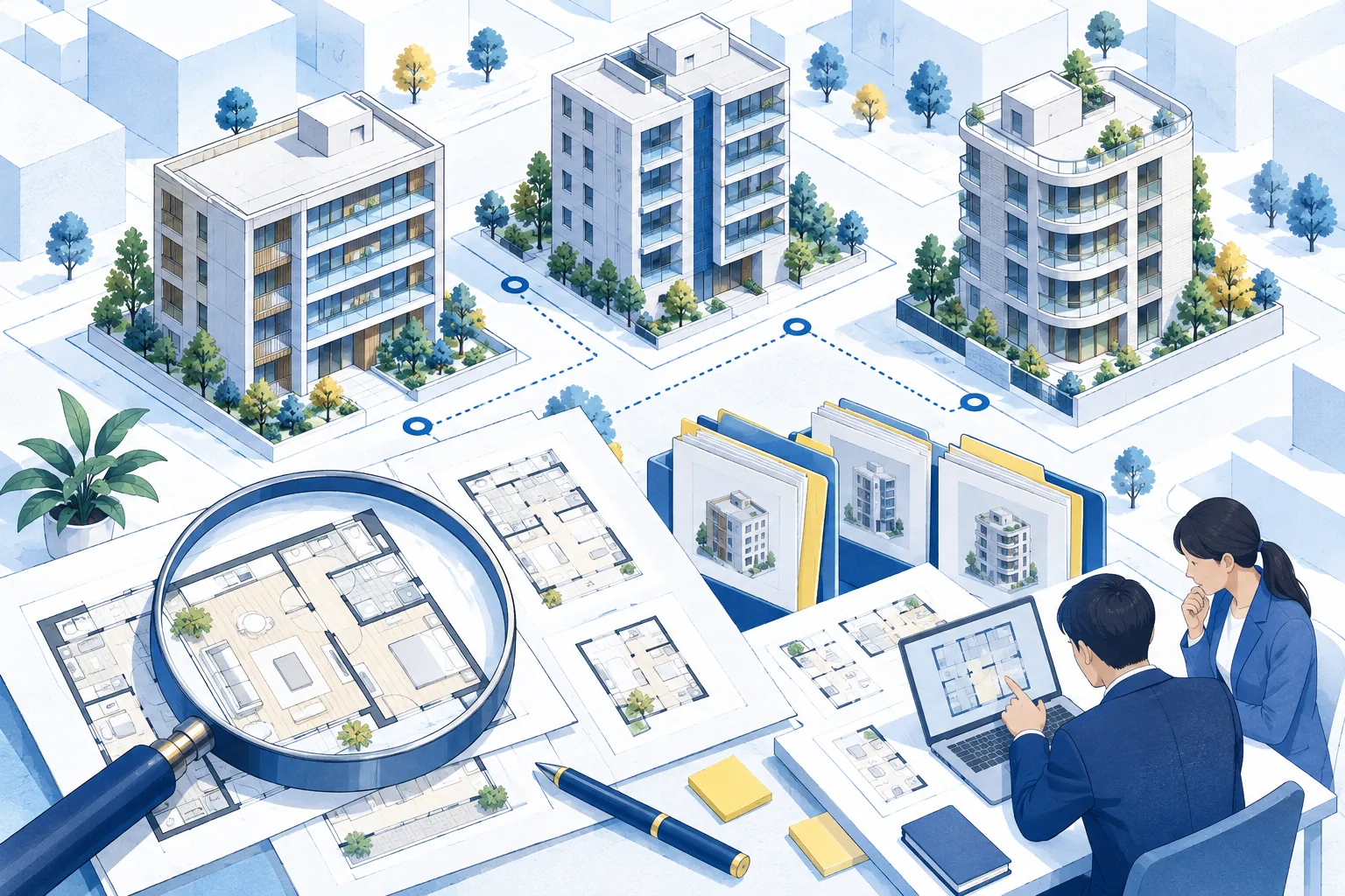 物件の図面や建物を比べ、資料の根拠を確認する不動産担当者